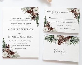 Winter Greenery Wedding Invitation Suite, Christmas Wedding Invite, Rustic Wedding, Pine Leaves, Pine Cones, Instant Download, W19