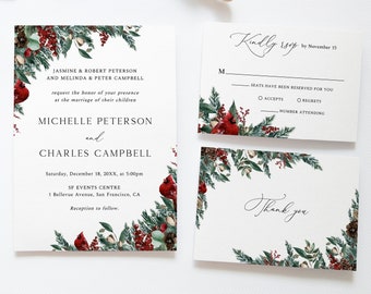 Winter Greenery Einladungsset, Weihnachten Hochzeitseinladung Vorlage Download, Feiertagshochzeitseinladung, modern, printable, W35
