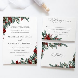 Winter greenery wedding invitation set, Christmas wedding invitation template download, holiday wedding invitation, modern, printable, W35