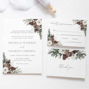 Suite per inviti a nozze nel verde invernale, invito a nozze di Natale, matrimonio rustico, foglie di pino, pigne, download istantaneo, W19
