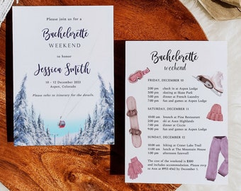 Ski Bachelorette Invitation Template, Snowboarding Invitation, Ski Weekend Itinerary Schedule, cable car, Aspen weekend invite, winter trees