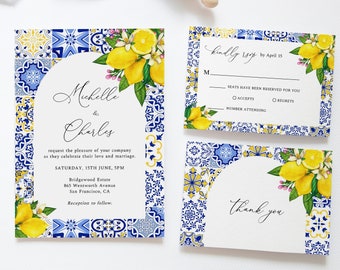 May include: Wedding invitation suite featuring a blue and white tiled pattern with lemon illustrations. The invitation reads "Michelle & Charles" and includes the date and time of the wedding. The RSVP card has a space for the guest's name and a choice to accept or regret the invitation. The details card includes information about the reception and transportation. The thank you card features a simple "Thank you" message.