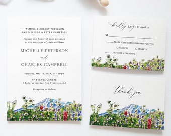 Mt Rainier Invitation Set, Mountain Wedding Invitation Template, Wildflower Wedding Invite, Spring Wedding, Bohemian Woodland Rustic Wedding