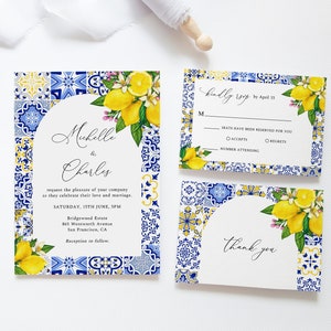 Mediterranean Lemon Wedding Invitation Set, Blue Tiles, Citrus Invitation, Summer Wedding, Santorini, Destination Wedding, ME3