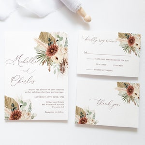 Terracotta boho invitation, Boho pampas wedding invitation set, printable invitation template, modern rust invitation, earth tones, BH2