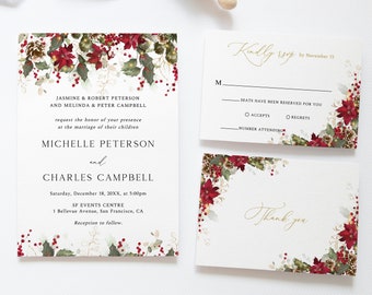 Winter red flowers wedding invitation set, Christmas wedding invitation template download, holiday wedding, poinsettia, holly berries, W37