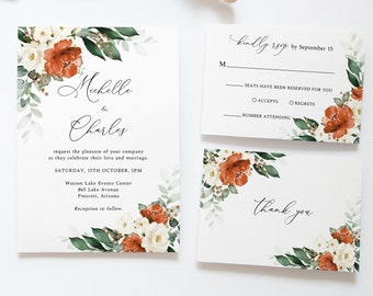 Terracotta Wedding Invitation Suite, Burnt Orange Wedding Invitation Template Set, White Floral Wedding Invitation, Boho Wedding, G16, NEW