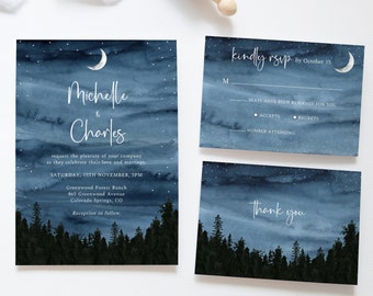 Starry Night Wedding Invitation Set, Under the Stars Wedding Invitation, Galaxy Wedding Invite, Mountain Wedding Invitation, BD005, NEW