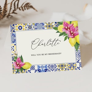 Mediterranean Lemon Bridesmaid Proposal Card, Bougainvillea Wedding Card, Maid Of Honor, Will You Be My Bridesmaid Card, Blue Tiles, ME2