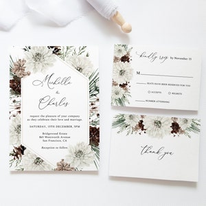 Rustic winter wedding invitation set, Christmas wedding invitation, holiday wedding invitation, pine cones, winter greenery, W22