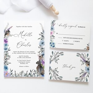 Pacchetto matrimonio primaverile stampabile, set di inviti al matrimonio con animali selvatici, modelli di nozze floreali, inviti di nozze, grazie, dettagli Rsvp, aprile
