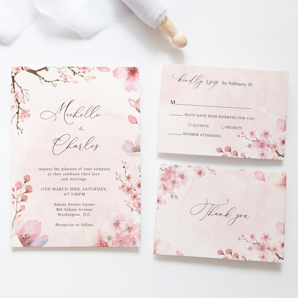 Cherry Blossom Wedding Invitation Set, Spring Blossom Wedding Invitation, Pink Floral Wedding Invitation, DC Wedding Invitation