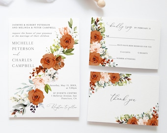 Terracotta Wedding Invitation Set, Burnt Orange Wedding Invite, Rust Floral Wedding, RSVP Card, Details Card, Instant Download, G27