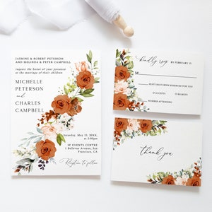 Ensemble d'invitation de mariage en terre cuite, invitation de mariage orange brûlée, mariage floral de rouille, carte RSVP, carte de détails, téléchargement immédiat, G27