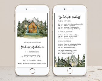 Mountain Bachelorette Itinerary Evite, Camp Bachelorette Text Message Invitation, Bridal Weekend In The Woods, Cabin Trip Itinerary, Wild