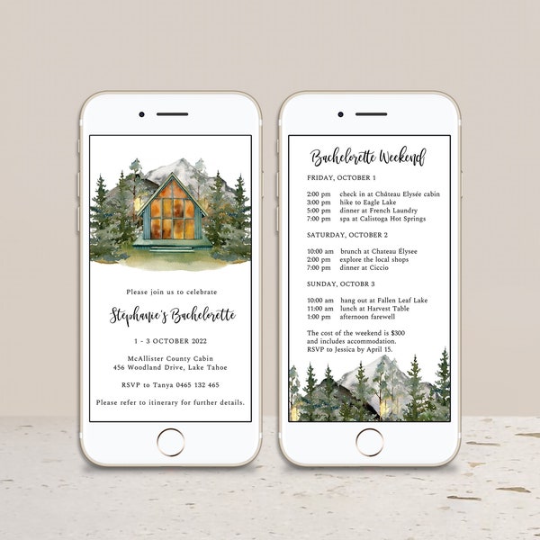 Mountain Bachelorette Itinerary Evite, Camp Bachelorette Text Message Invitation, Bridal Weekend In The Woods, Cabin Trip Itinerary, Wild