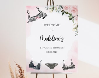 Lingerie Bridal Shower Willkommensschild, Dessous Junggesellinnenabzeichen, Lingerie Welcome Poster, druckbar, Florales Rosa Dessous Schild, 18x24, 24x36