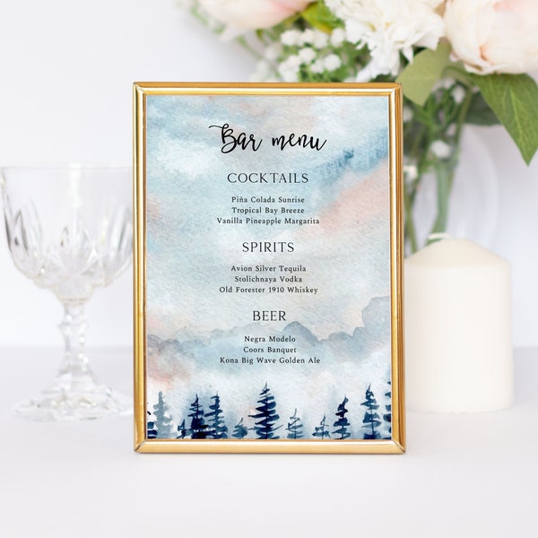 Blue Wedding Bar Menu Sign, Printable Calligraphy Bar Menu Template, Modern Bar Sign, 5x7 8x10 11x14 16x20 sign, Blue Forest Drinks Sign