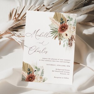Terracotta boho invitation, Boho pampas wedding invitation, printable invitation template, modern rust invitation, earth tones, BH2