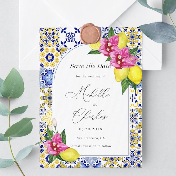 Mediterranean Lemon Save the Date template, Blue Tiles Bougainvillea Lemon, Arch Save teh Date, Santorini, Bridal Shower Invite, ME2