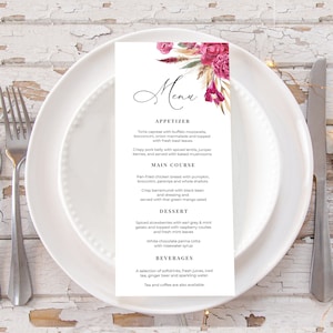 Magenta Menu Template, Boho Hot Pink Menu Template, Dinner Menu, Summer Wedding Menu, Editable Fuchsia Floral Menu, Printable Menu