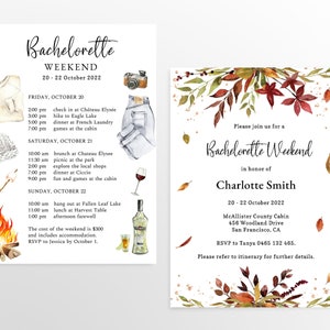 May include: Two white cards featuring a Bachelorette Weekend itinerary for Charlotte Smith. The left card lists activities from October 20-22 with watercolor illustrations of a sweater, camera, jeans, wine glass, and campfire. The right card has autumn leaves.