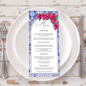Mediterranean Blue Tiles Menu Template, Bougainvillea Menu Template, Fuchsia Dinner Menu, Magenta Summer Wedding Menu, Printable Menu, ME5