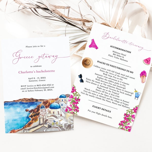 Santorini Bachelorette Invitation with Itinerary, Greece travel bachelorette weekend invitation, Mediterranean Invite, DIY template