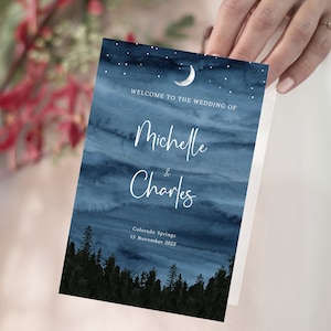 Starry night wedding program booklet, Under the Stars wedding ceremony, galaxy wedding, blue woodland wedding program template, BD005