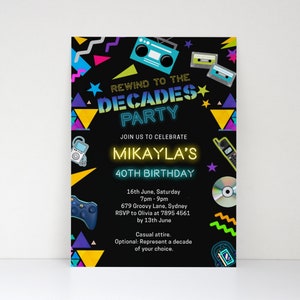 Decades Party Invitation, 2000s Party Invite, Decades Birthday Invites, Neon 80s 90s 2000s Party Invitation, Printable Throwback Decades