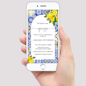 Mediterranean Lemon Bridal Shower Electronic Invitation, Blue Tiles Evite, Digital Invite, Summer Bridal Shower Text Message Invitation, ME3