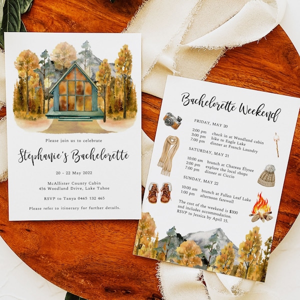 Cabin Trip Invitation, Cabin Weekend Invite, Cabin Bachelorette Party, Camp Bachelorette, Fall Bachelorette Weekend,Mountain Cabin Itinerary