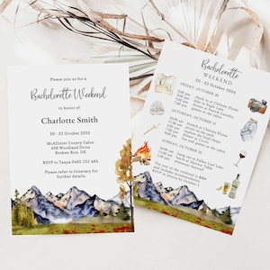 Cabin Trip Invitation with Itinerary, Fall mountain with wildflowers, Cabin Bachelorette Party, Camp Bachelorette, Fall Bachelorette Weekend