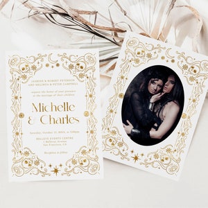 White and Gold Tarot Wedding Invitation, Editable Gothic Invitation, Vintage Halloween Template, Spooky Wedding Announcement, Skeleton