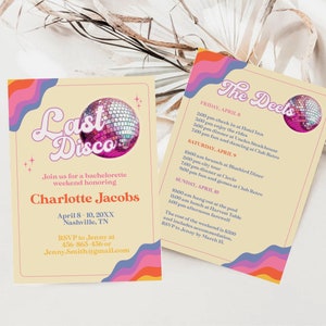 Last Disco Retro Bachelorette Weekend Invite and Itinerary, Groovy Retro 70s Bachelorette Invite, DIY Bachelorette Invite, Boho Disco Invite