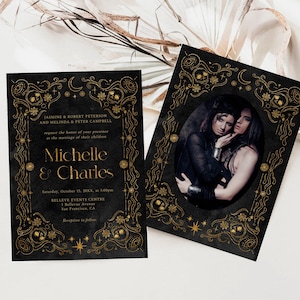 Black and Gold Tarot Wedding Invitation, Editable Gothic Invitation, Vintage Halloween Template, Spooky Wedding Announcement, Skeleton