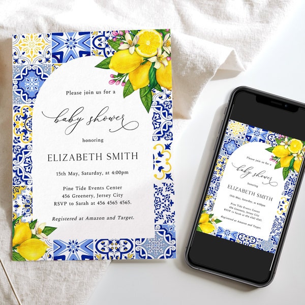 Mediterranean Lemon Baby Shower Invitation, Blue Tiles Lemon Invitation, Tuscan Italian Invitation, Santorini, Modern Elegant Invite, ME3