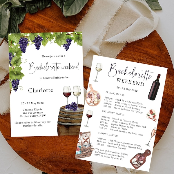 winery bachelorette party itinerary, wine tasting invite, vineyard bachelorette, Napa Valley bachelorette, Hunter Valley bachelorette