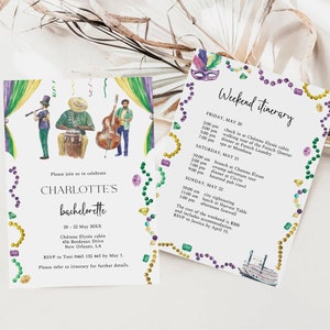 Mardi Gras Bachelorette Weekend Invitation, New Orleans Bachelorette Weekend Itinerary, Mardi Gras Carnival, Bachelorette Party Invite