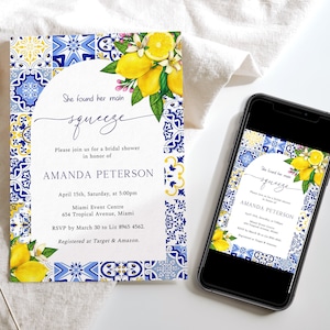 Mediterranean Lemon Bridal Shower Invitation, Blue Tiles Lemon Invitation, Tuscan Italian Invitation, Santorini, Modern Elegant Invite, ME3
