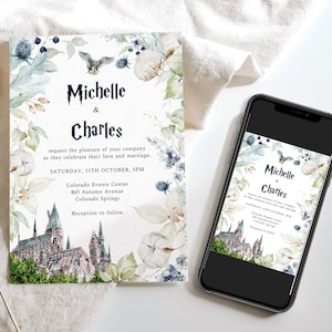 Mariage château magique, faire-part de mariage d&#39;hiver, faire-part château, modèle modifiable, sorcier de mariage, faire-part de mariage de conte de fées, G11