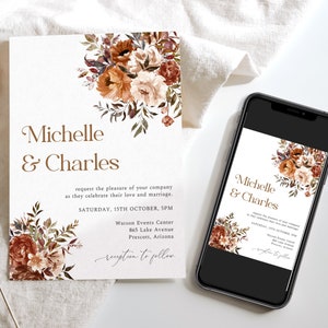 Fall Wedding Invitations, Autumn Wedding Invite, Terracotta Wedding Invite, Burnt Orange Wedding, Fall Leaves, Rustic Wedding, F08