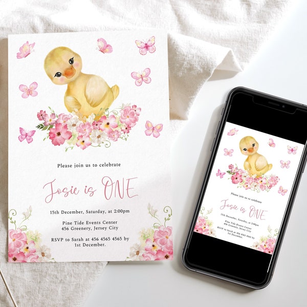 Duck Birthday Invitation, 1st Birthday Invite Girl, Pink Butterflies, Duckling Party, Farm Party, Cute Baby Animal, Yellow Kids Invite