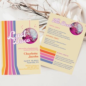 Last Disco Retro Bachelorette Weekend Invite and Itinerary, Groovy Retro 70s Bachelorette Invite, DIY Bachelorette Invite, Boho Disco Invite