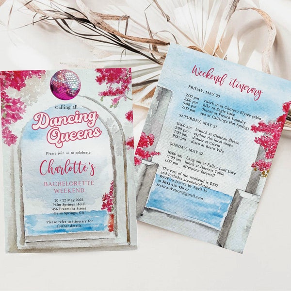 Mediterranean Disco Bachelorette Invitation With Itinerary, Last Dance, Weekend Itinerary, Beach Invitation, Bougainvillea, Santorini Greece