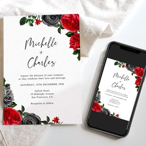 Invito a nozze con rose rosse e nere, modello di invito a nozze con cravatta nera, invito a nozze di Halloween, gotico, stampabile, mezzanotte