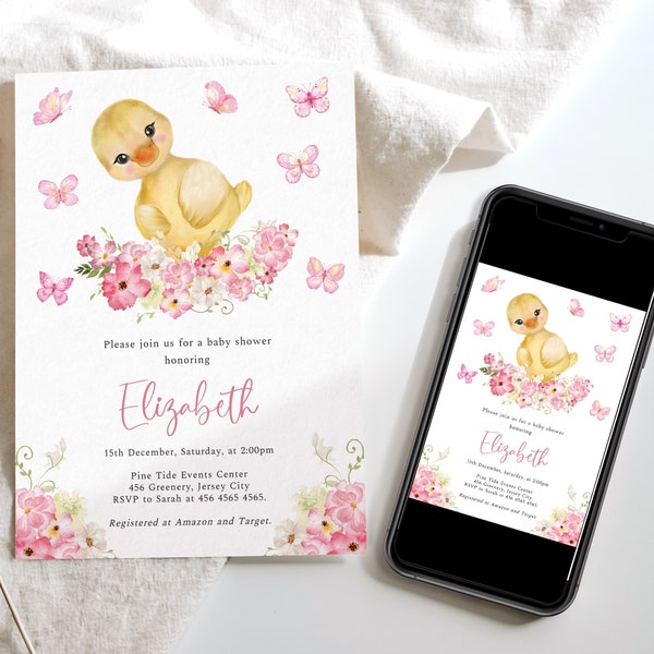 Duck Baby Shower Invitation, Duckling Baby Shower, Farm Baby Shower, Pink Butterflies, Cute Baby Animal, Yellow Baby Shower Invite