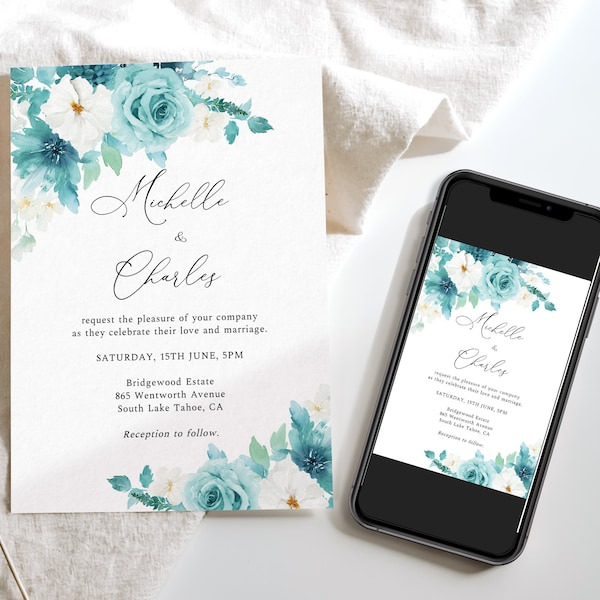 Teal Wedding Invitation, Turquoise Invitation, Floral Wedding Invite, Printable Botanical Wedding Invite, Instant Download, SP03