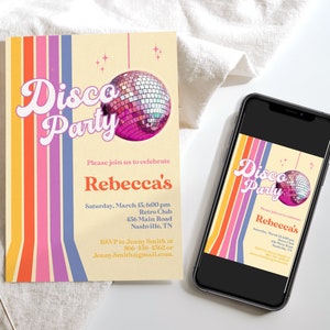 Verjaardagsuitnodiging discofeestje, bewerkbare retro groovy feestuitnodiging, boho hippie, discobal, jaren 70 discodansfeest, uitnodiging terug naar de jaren 70