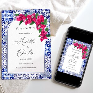 May include: Save the Date card with a blue and white patterned border and a floral design. The card says "Save the Date for the wedding of Mukelle & Charles 05.20.20XX San Francisco, CA Formal invitation to follow."